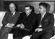 From left to right: Sergei Prokofiev, Shostakovich, Aram Kachaturian, 1945